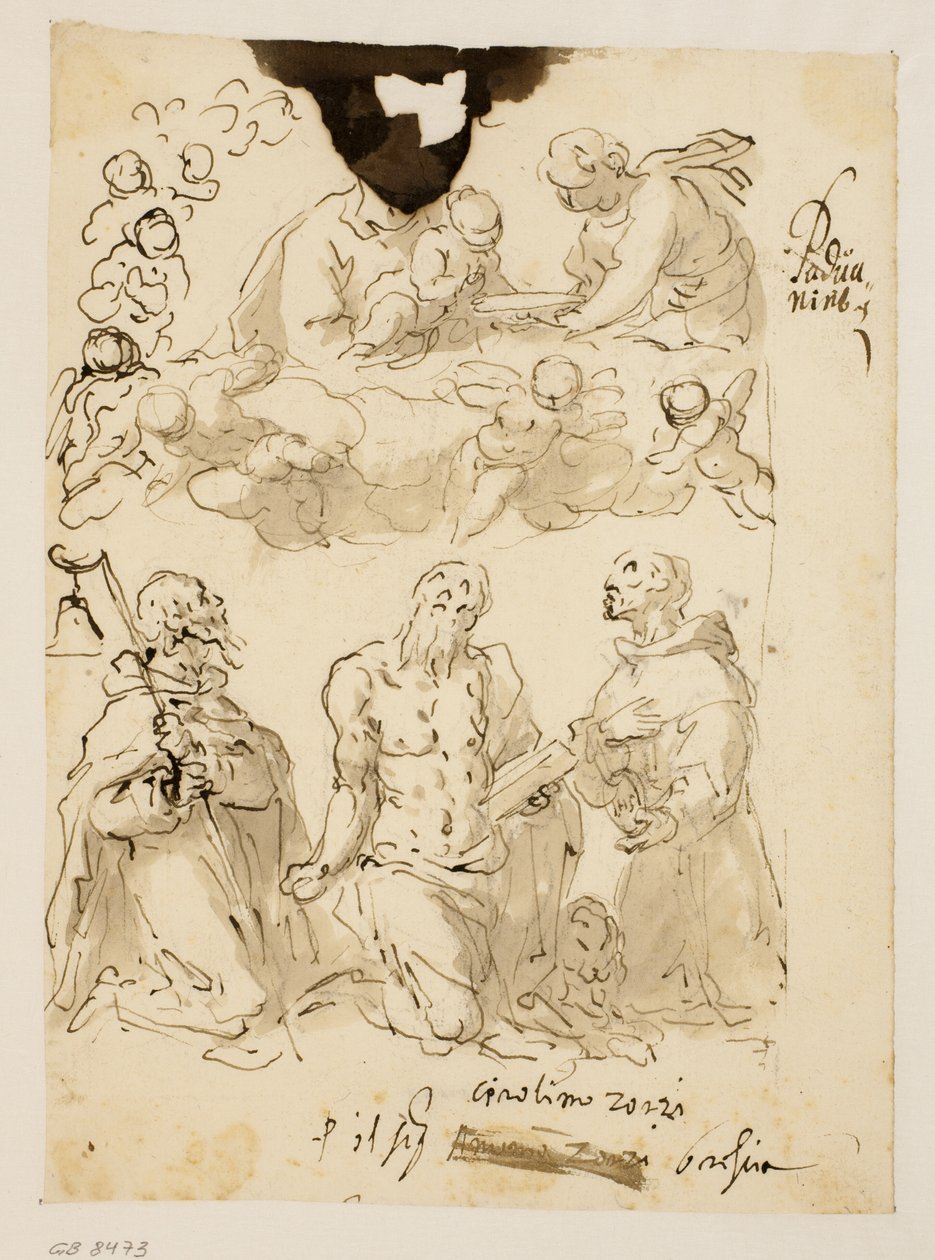 Heiligen Antonius, Jerome en Bernardino knielend, met de Maagd en het kind Christus omringd door engelen door Jacopo Palma