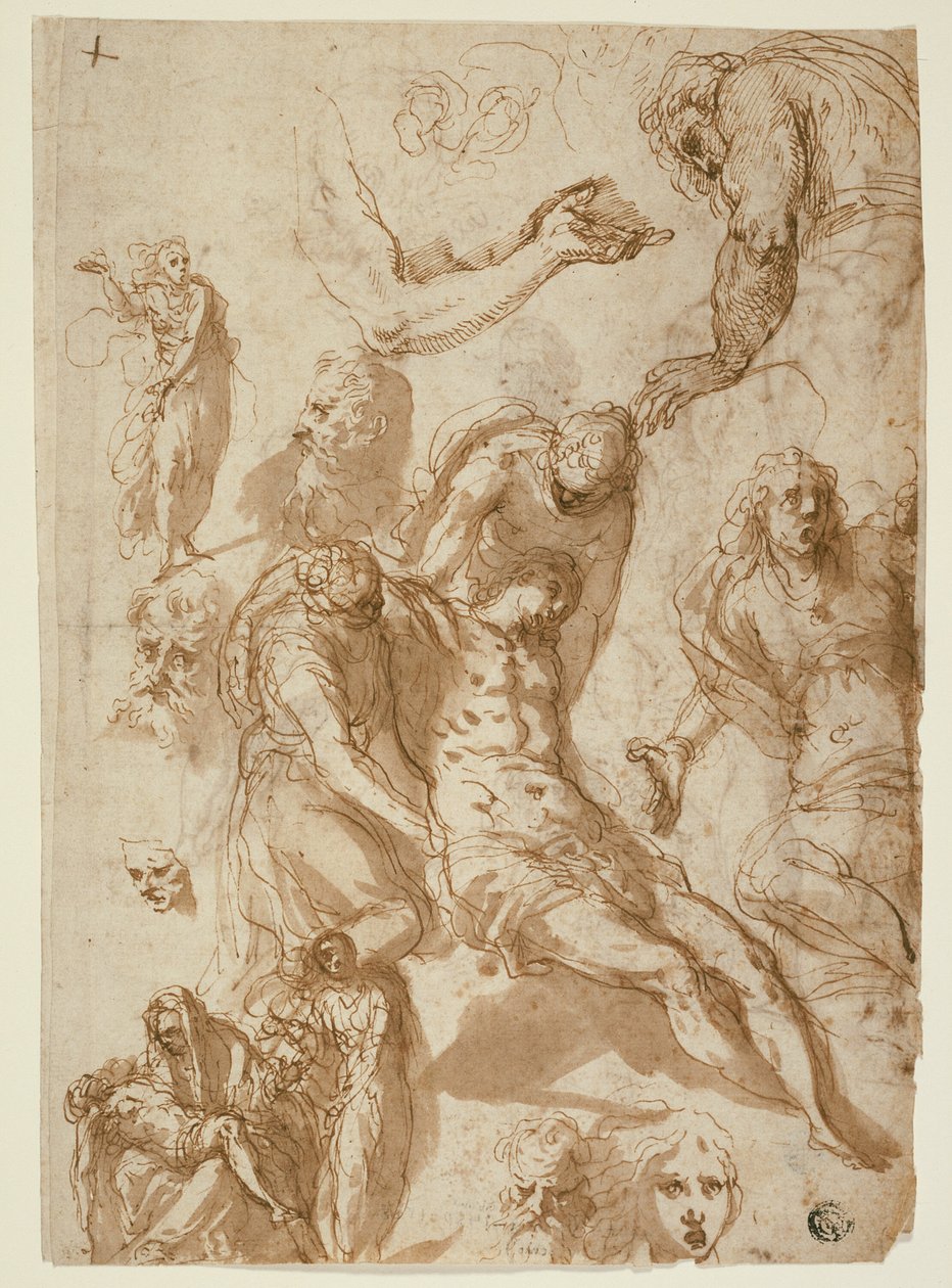 Schetsen voor een klaagzang en een Pietà, en van verschillende figuren, hoofden en een arm (recto); Schetsen van de dode Christus, en van verschillende figuren en hoofden (verso) door Jacopo Palma il Giovane