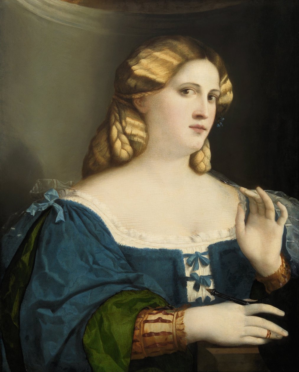 Jonge vrouw in een blauwe jurk, met waaier, 1512-1514 door Jacopo Palma il Vecchio the Elder