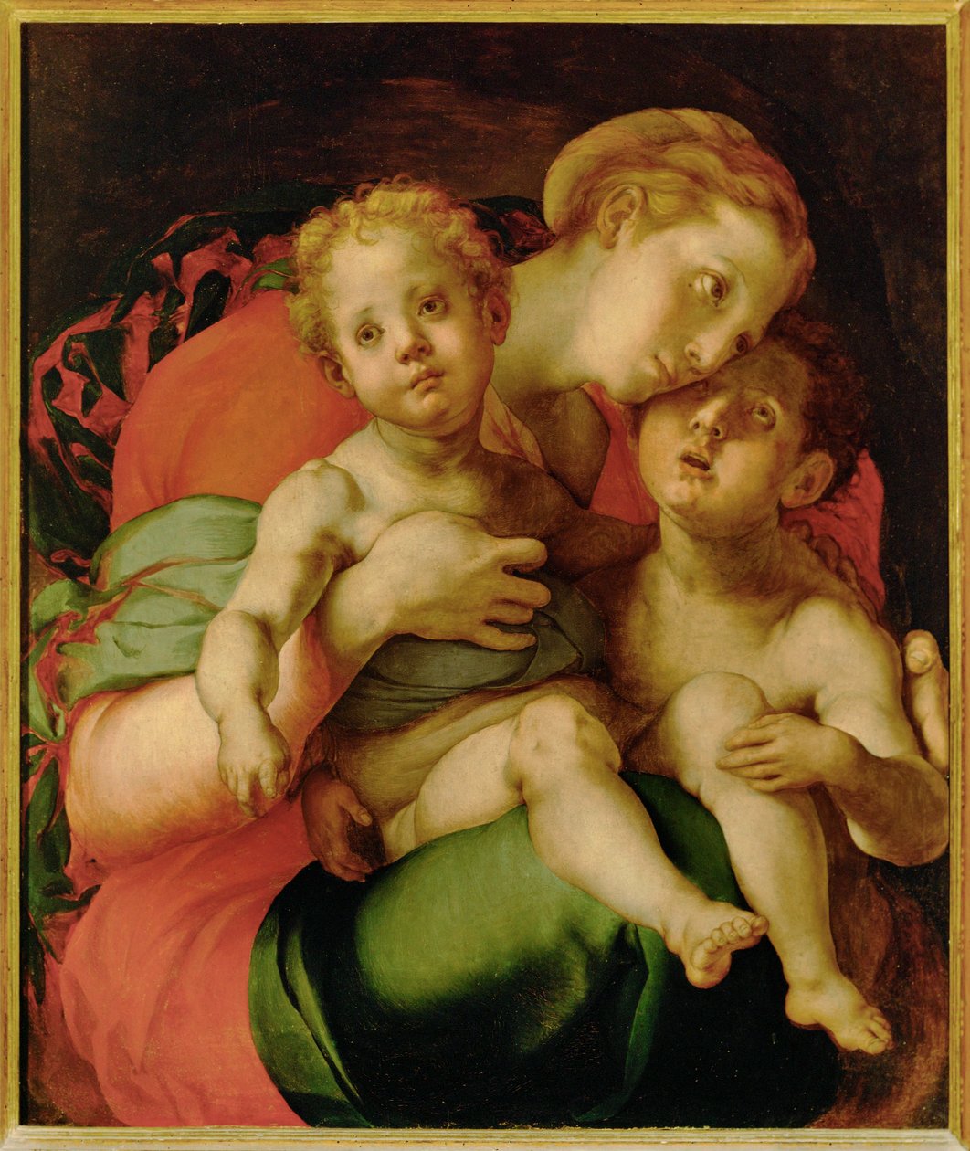 Madonna, kindje Jezus en jonge Johannes de Doper (schilderij op hout) door Jacopo Pontormo