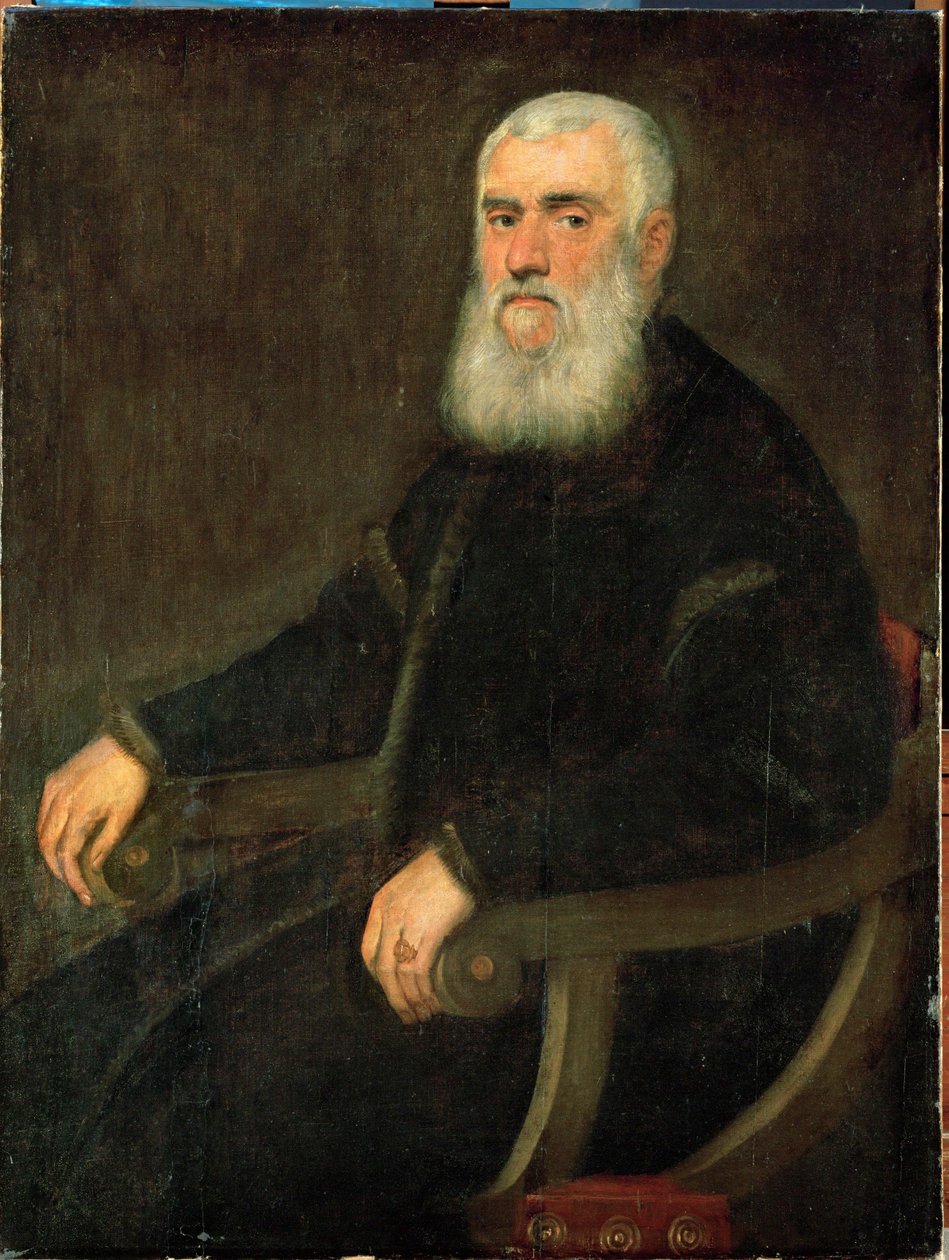 Man met witte baard in een leunstoel (olieverf op doek) door Jacopo Robusti Tintoretto