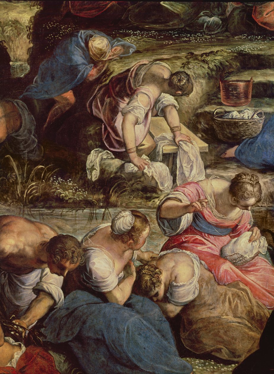 Het verzamelen van manna, centraal detail: naaiende vrouw door Jacopo Robusti Tintoretto