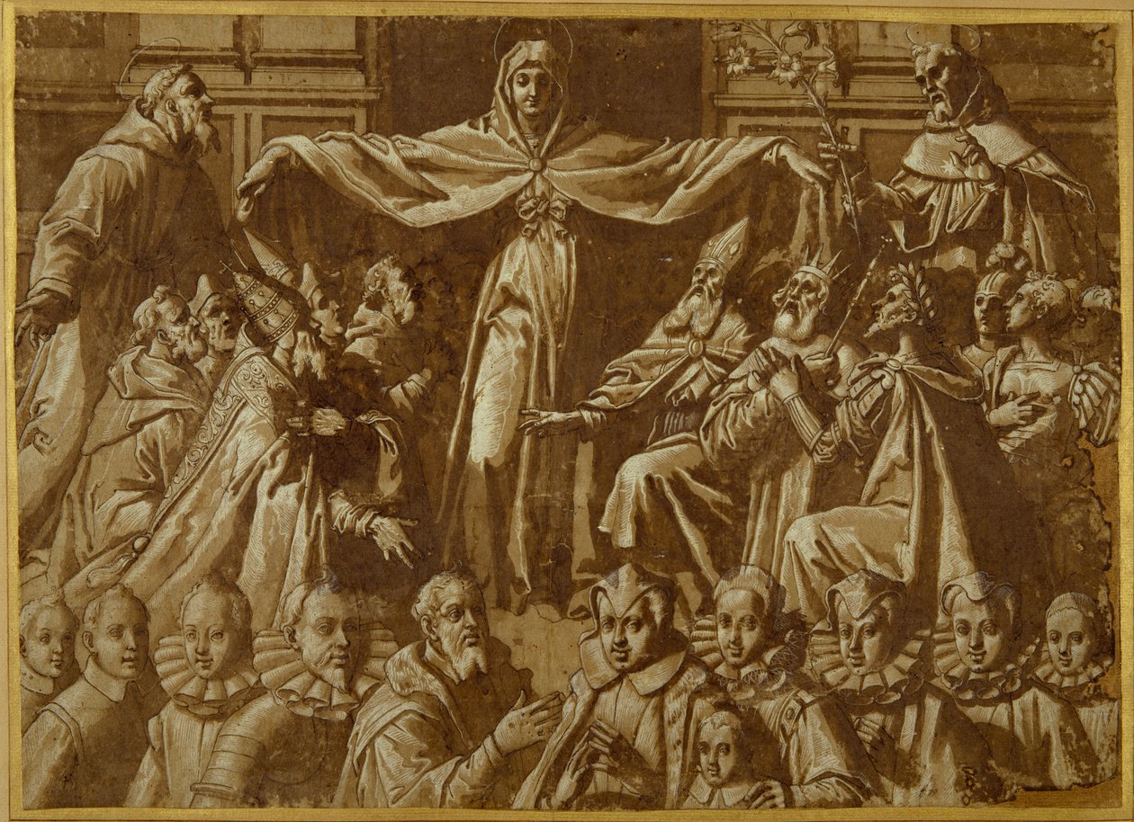 De Madonna della Misericordia met St. Franciscus en Dominicus, met andere heiligen en heersers en een familie van schenkers door Jacopo Zucchi