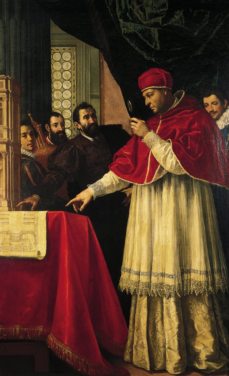 Michelangelo presenteert modellen voor de gevel van San Lorenzo, de Laurentiaanse Bibliotheek en de Medici-graven aan paus Leo X en kardinaal Giulio de Medici door Jacopo da Empoli (and workshop)