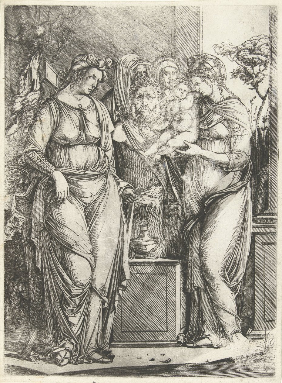 Vier vrouwen offeren jongen bij beeld van Priapus door Jacopo de