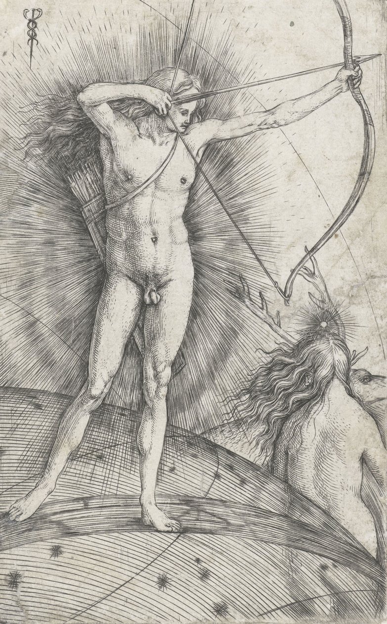 Apollo met boog en pijl op hemelse bol en Diana met hert, 1503-5 door Jacopo de Barbari