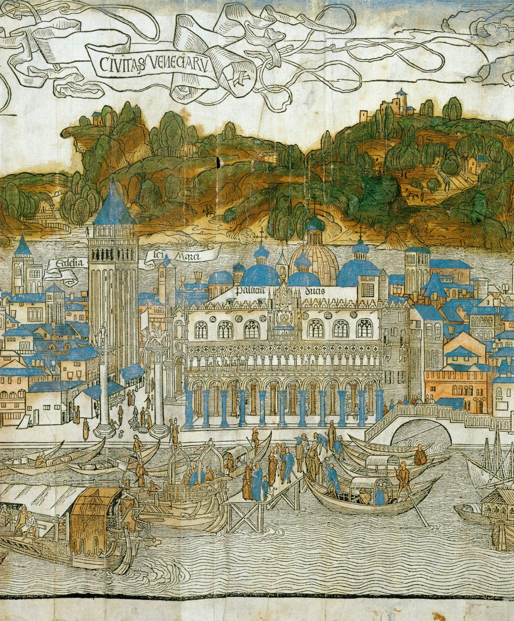 Venetië en de oude campanile voor de verwoesting door een aardbeving, uit Pregrinatio in Terram Sanctam, voor het eerst gedrukt in 1486 ... (houtsnede) door Jacopo de
