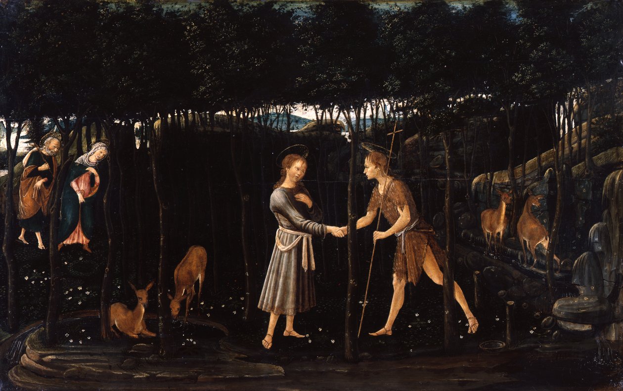De ontmoeting van het Christuskind met de jonge Johannes door Jacopo del Sellaio