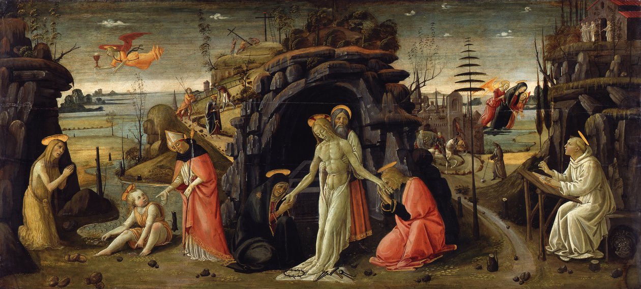 Landschap met bijbelse scènes en scènes uit heiligenlegenden door Jacopo del Sellaio