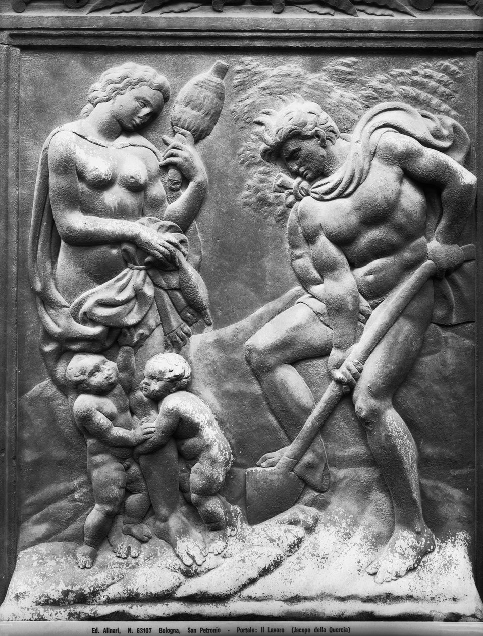 Adam en Eva gedwongen te werken, paneel van de Porta Magna, ca. 1430 (marmer) door Jacopo della Quercia