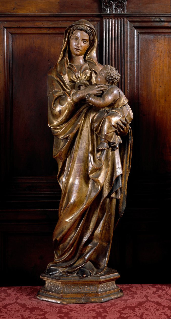 Maagd en Kind. Houten sculptuur door Jacopo della Quercia