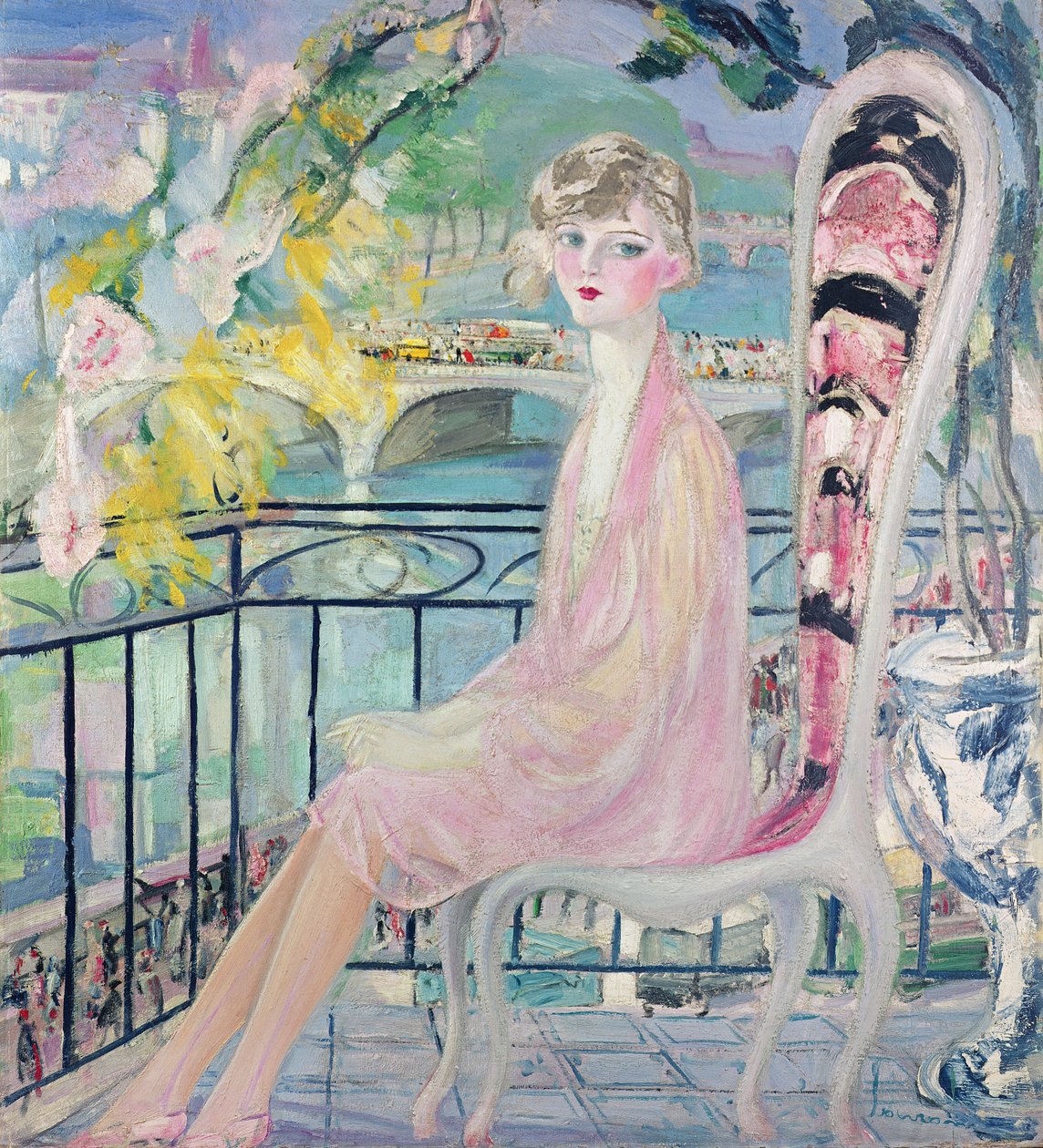 Portret van Dolly Davis op een balkon voor de oude brug van Alma door Jacqueline Marval