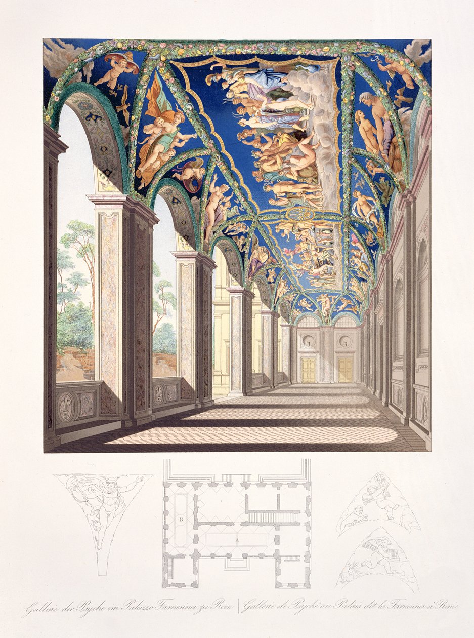 De Galerij van Psyche in de Villa Farnesina, Rome, uit een set van twaalf gravures, gepubliceerd 1693 door Jacques Belly