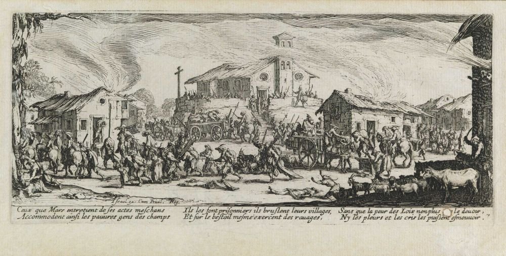 Plundering en Verbranding van een Dorp Les miseres et les mal-heures de la guerre, pl. 7 door Jacques Callot