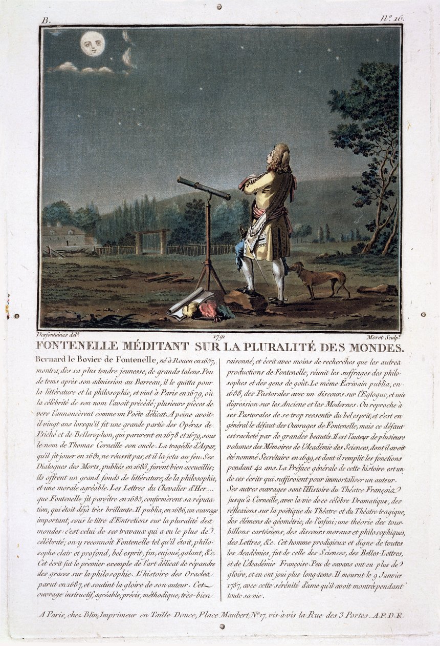 Bernard le Bovier de Fontenelle (1657-1757) overpeinst de pluraliteit van werelden, gegraveerd door Jean Baptiste Morret, 1791 door Jacques Francois Joseph Swebach