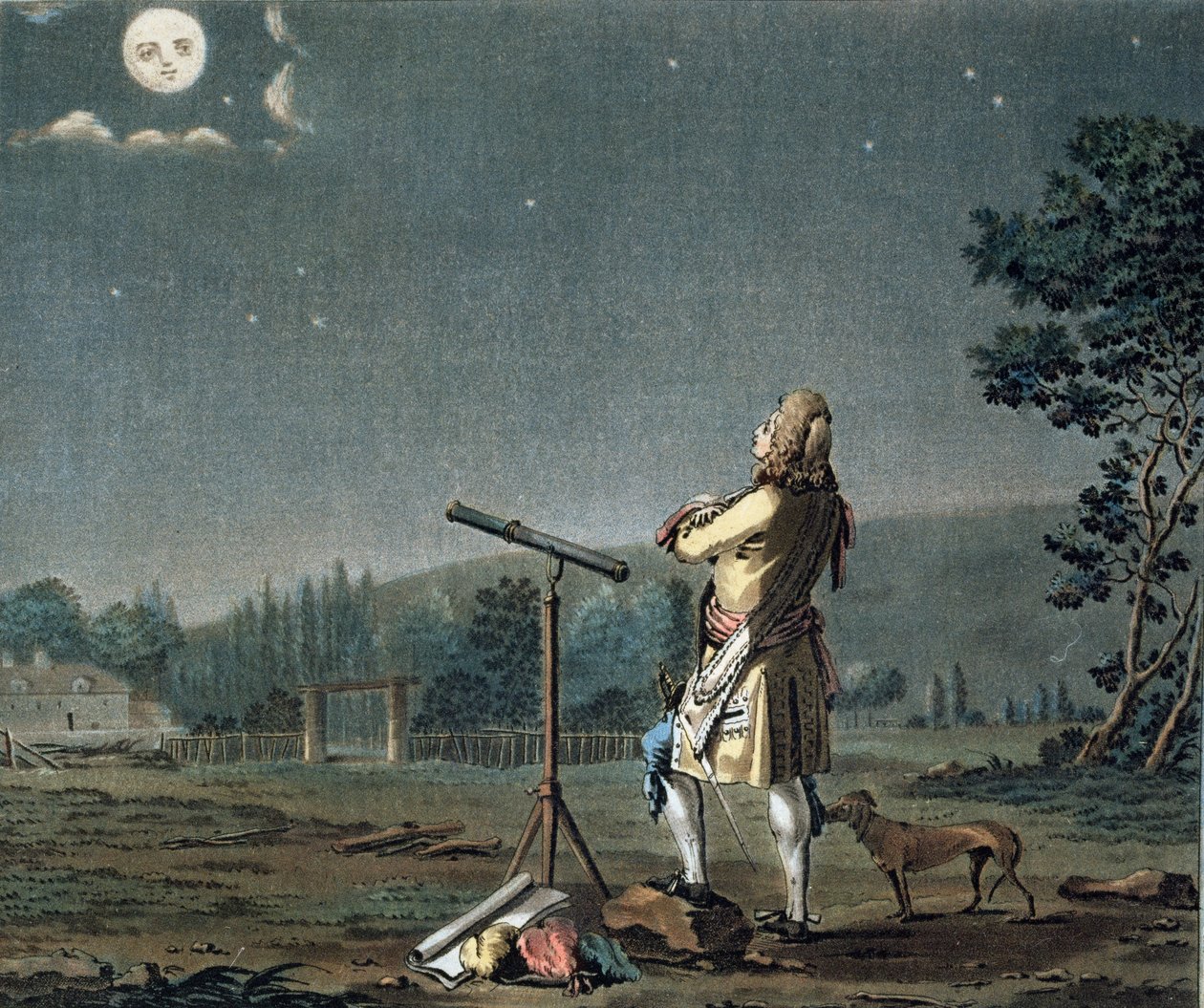 Bernard le Bovier de Fontenelle (1657-1757) overpeinst de pluraliteit van werelden, gegraveerd door Jean Baptiste Morret (fl.1790-1820) 1791 door Jacques Francois Joseph Swebach