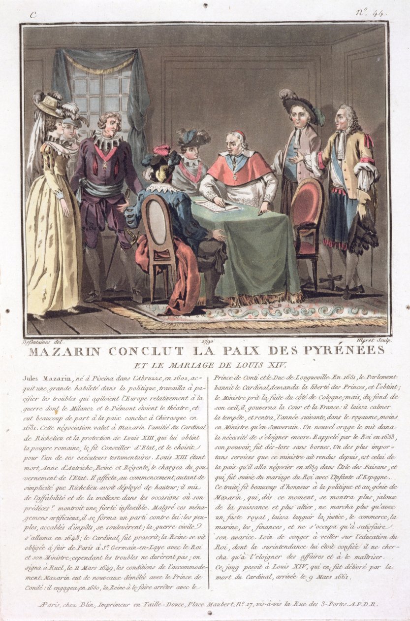 Kardinaal Mazarin (1602-61) sluit de Vrede van de Pyreneeën, 1659, gegraveerd door Jean Baptiste Morret (fl.1790-1820), 1790 door Jacques Francois Joseph Swebach
