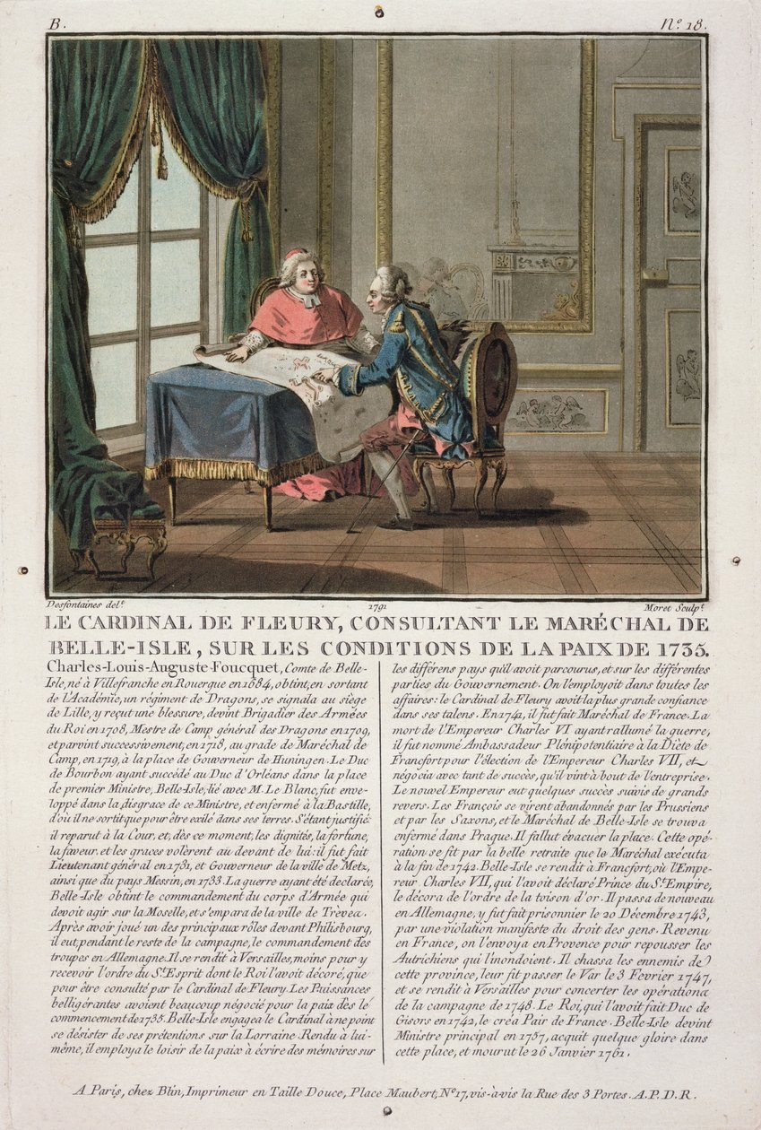Kardinaal de Fleury overlegt met Marechal de Belle-Isle over de voorwaarden van de vrede, 1735, gegraveerd door Jean Baptiste Morret, 1791 door Jacques Francois Joseph Swebach