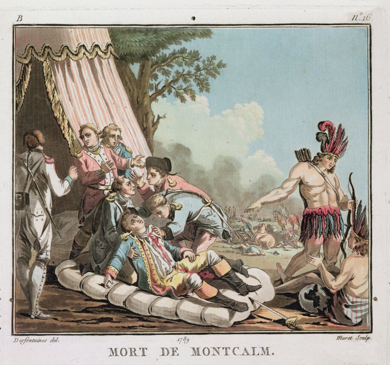 Dood van Louis Joseph de Montcalm bij het Beleg van Quebec, 1759, gegraveerd door Jean Baptiste Morret, 1789 door Jacques Francois Joseph Swebach