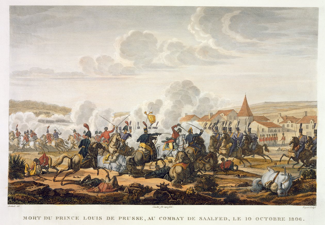 De dood van prins Ludwig van Pruisen in de slag bij Saalfeld, 10 oktober 1806, gegraveerd door Louis Francois Couche (1782-1849) door Jacques Francois Joseph Swebach