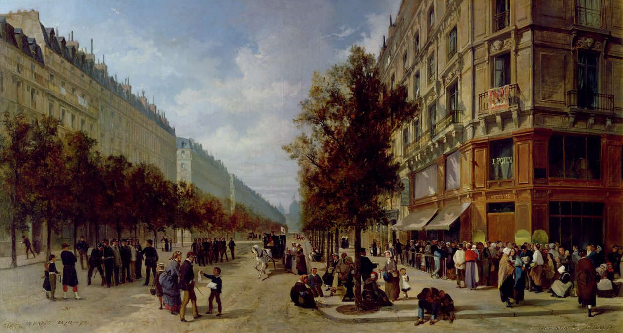 Belegering van Parijs. In de rij staan bij de deur van een kruidenierswinkel, 1870 door Jacques Guiaud