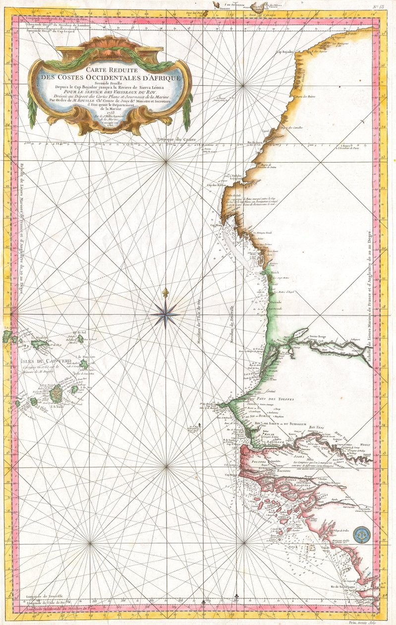 Verminderde kaart van de westkusten van Afrika door Jacques Nicolas Bellin