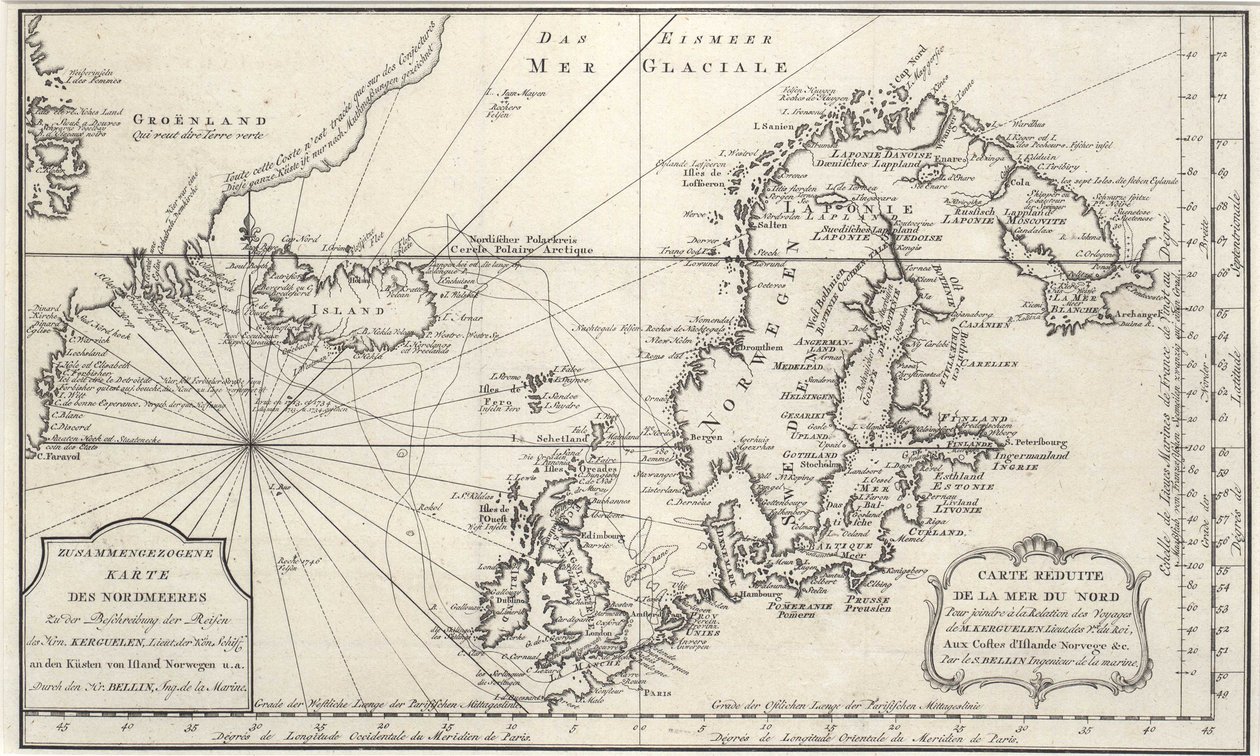 Kaart van de Noord-Atlantische Oceaan, met de Noordzee door Jacques Nicolas Bellin