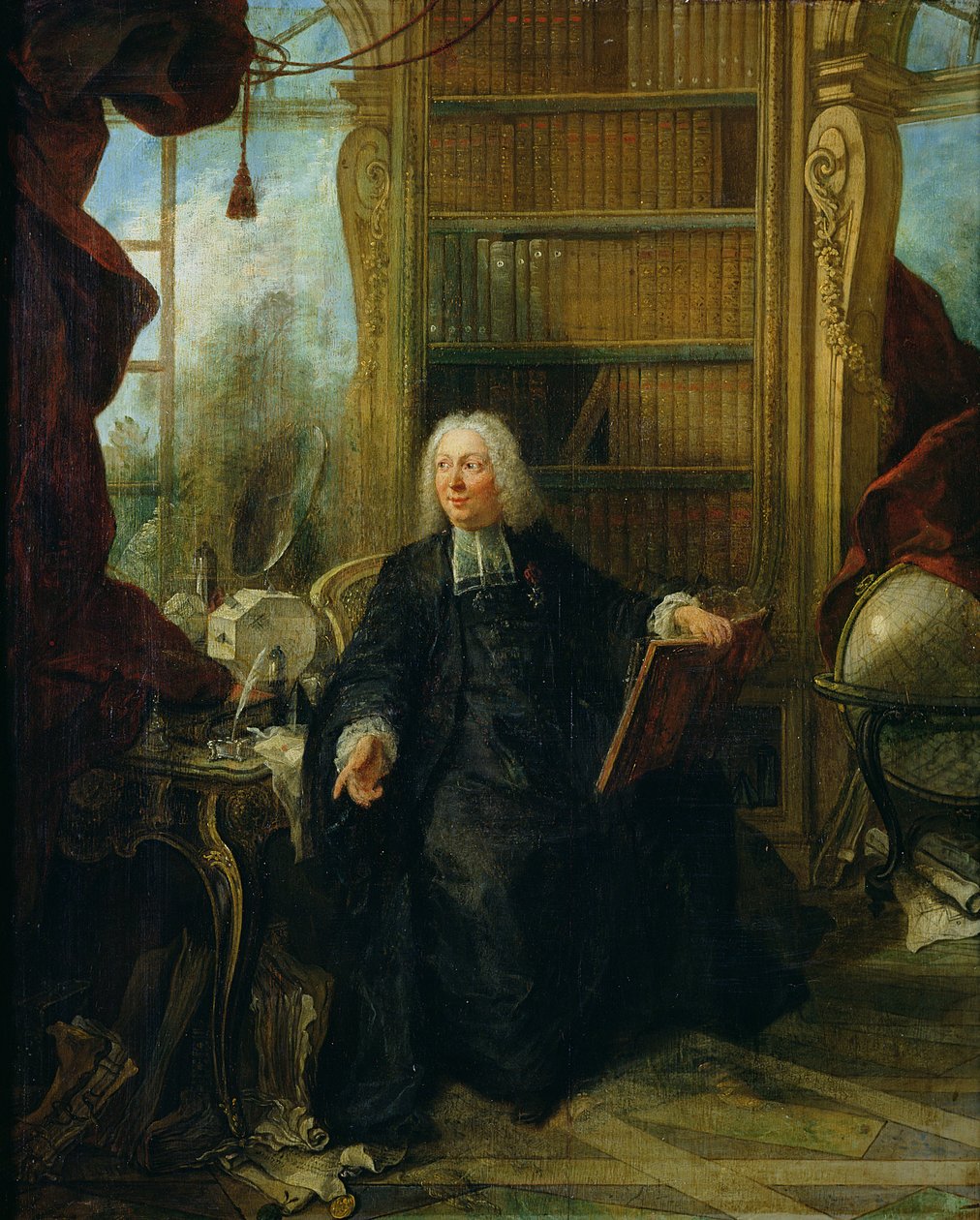 Abt Nollet (1700-70) in zijn studeerkamer, in kasteel de la Muette optisch paviljoen door Jacques de Lajoüe