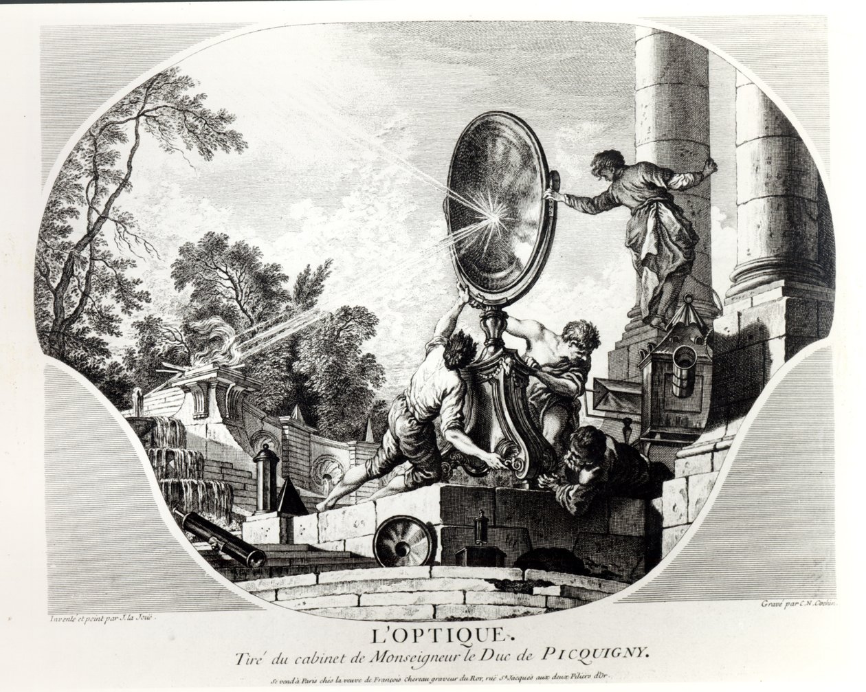 Brandende spiegel, allegorie van Optica, gegraveerd door Charles Nicolas Cochin door Jacques de Lajoüe