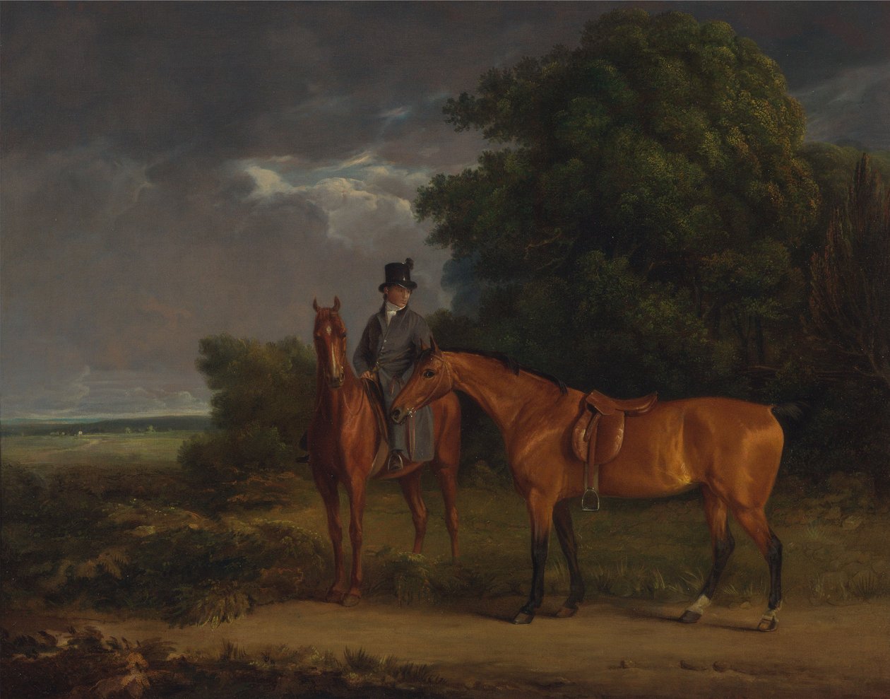 Een Staljongen Gezeten op een Kastanjebruine Jager, Hij Houdt een Bruine Jager bij de Teugels door Jacques-Laurent Agasse