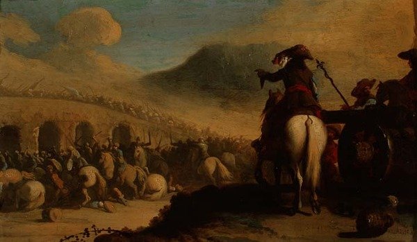 Officieren die een gevecht op een brug observeren door Jacques Courtois