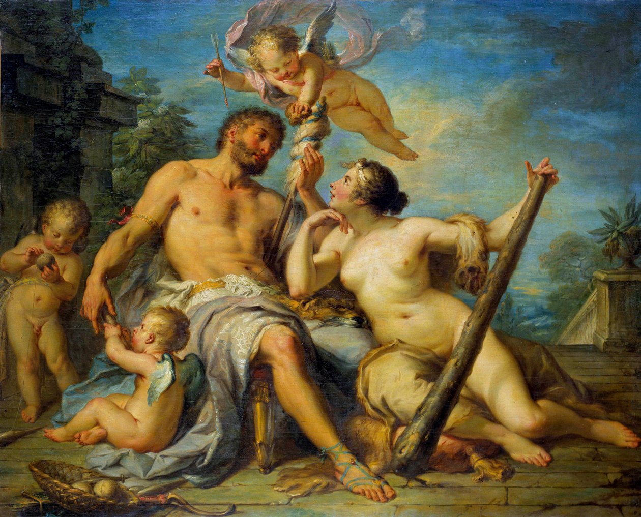 Hercules en Omphale Hercules (Herakles) is verliefd op Omphale, wiens slaaf hij is. Schilderij door Jacques Dumont genaamd de Romein (1701-1781). 1728. Tours, Museum voor Schone Kunsten door Jacques  Dumont