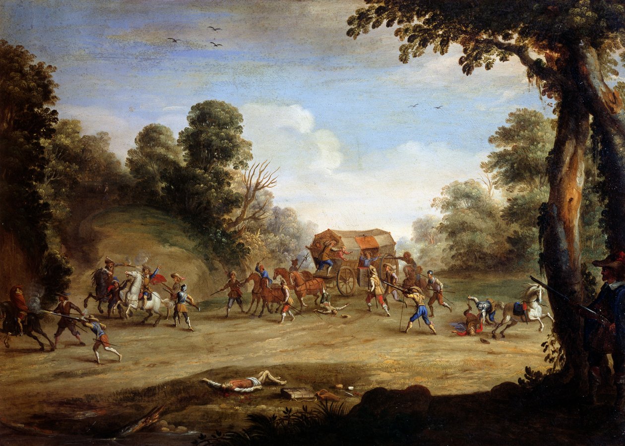Leven van een soldaat, plundering van een koets door Jacques (after) Callot