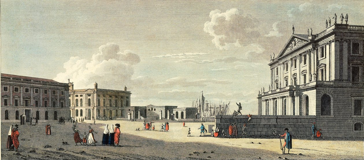 De Llotja, het paleis van de kapitein-generaal van de douane, en de zeehaven van Barcelona door Jacques (after) Moulinier