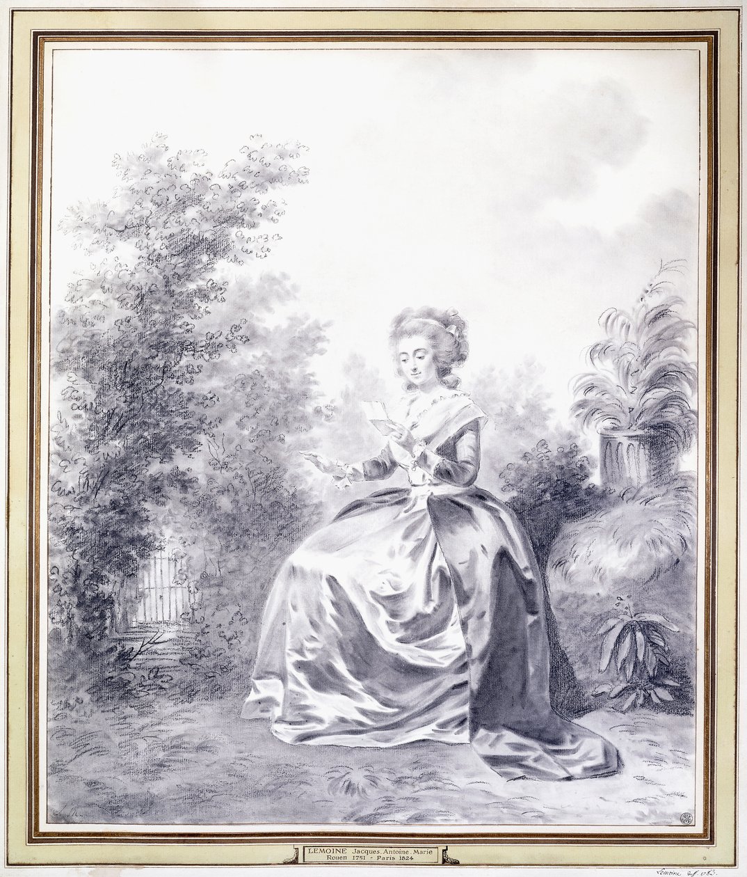 Portret van Elisabeth Louise Vigee-Lebrun die een Brief Leest in de Tuin (zwarte krijt) door Jacques Antoine Marie Lemoine