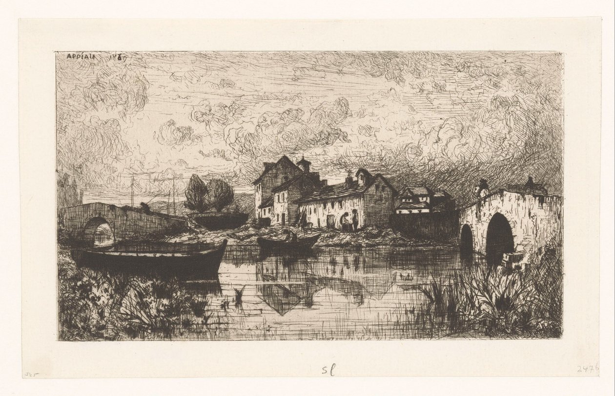 Gezicht op een dorp aan het water met rechts en links een brug door Jacques Barthélemy Appian (Adolphe)