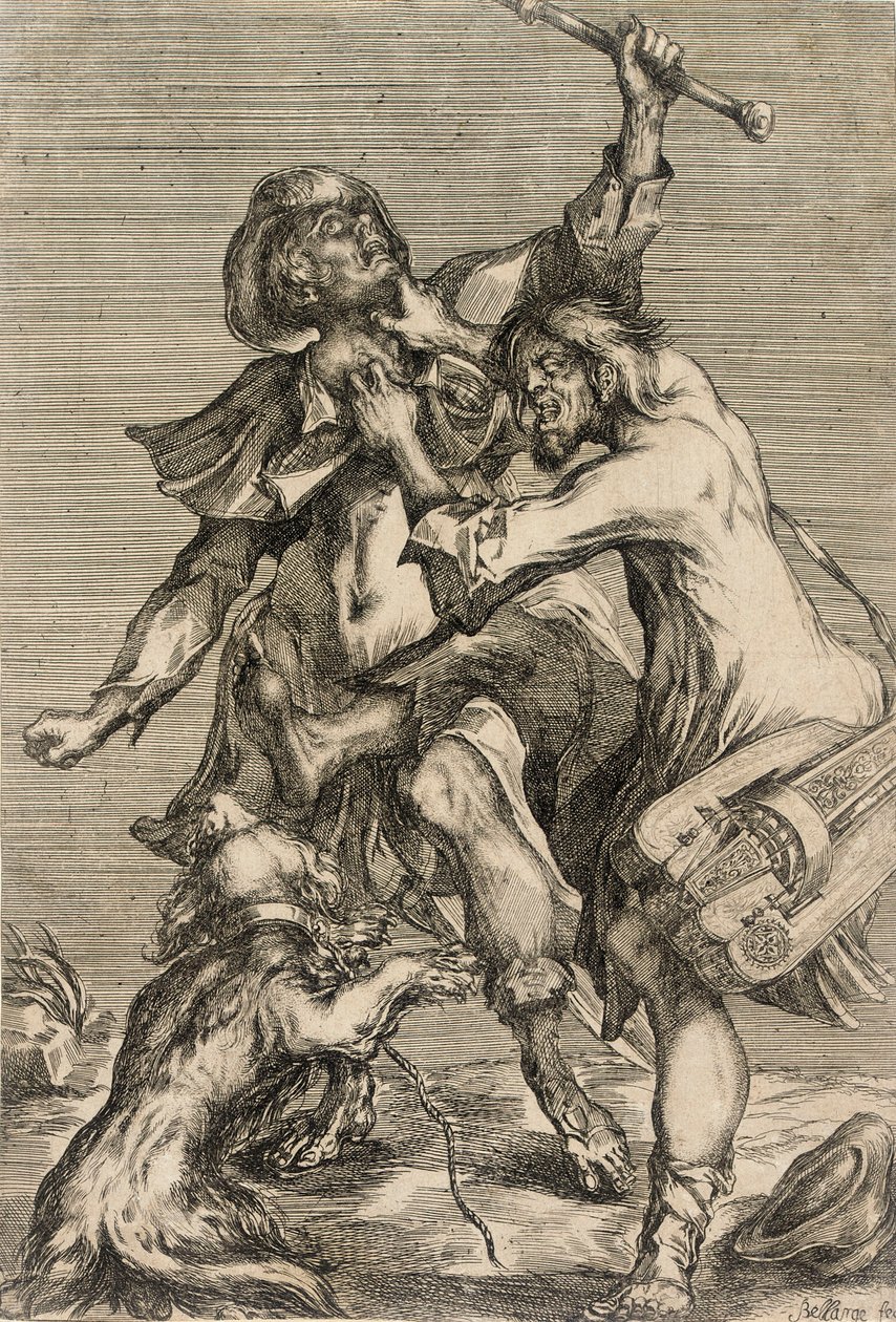Draailierspeler valt een pelgrim aan door Jacques Bellange