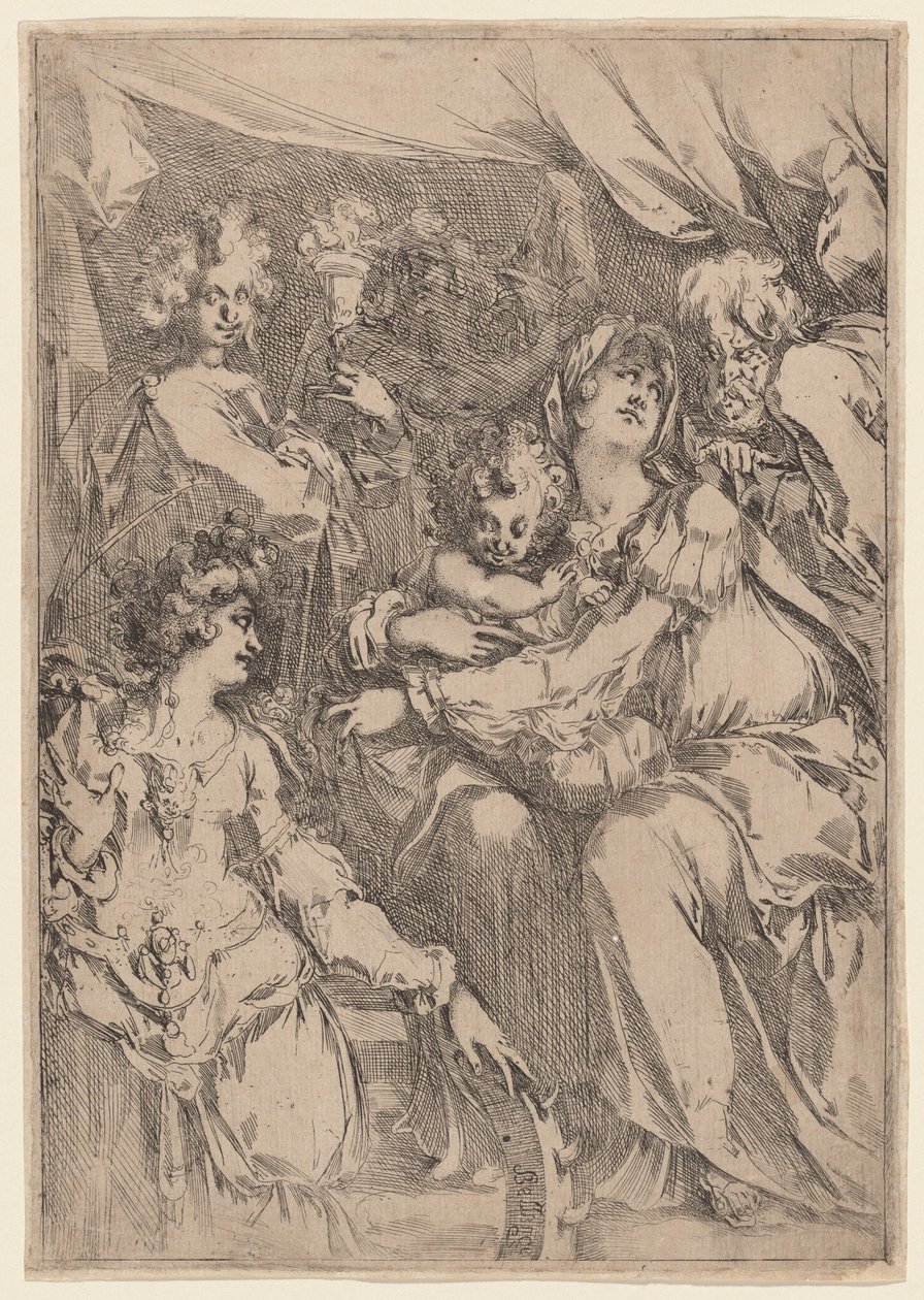 De Heilige Familie met Sint-Catharina, Sint-Jan de Evangelist en een Engel door Jacques Bellange