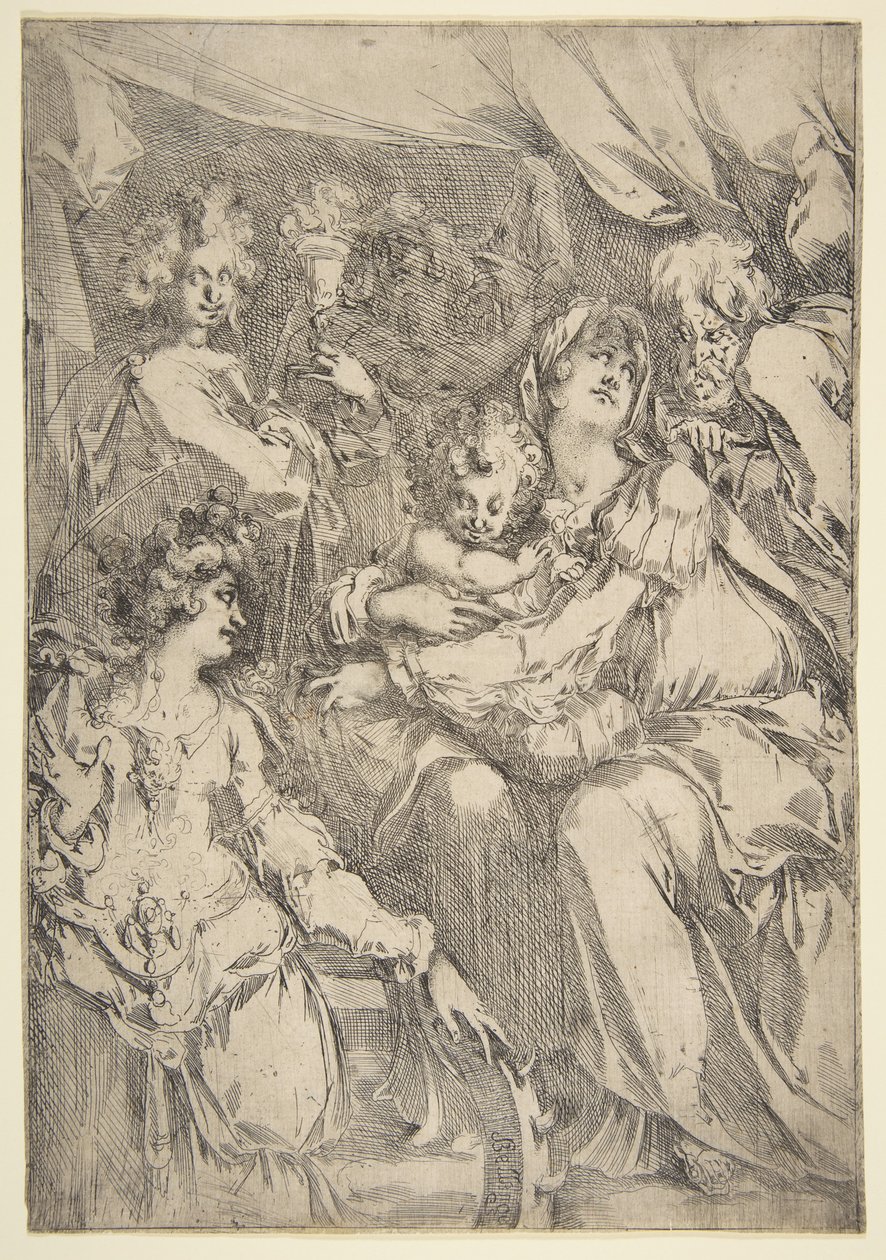 De Heilige Familie met Sint Catharina, Sint Johannes de Evangelist en een engel door Jacques Bellange