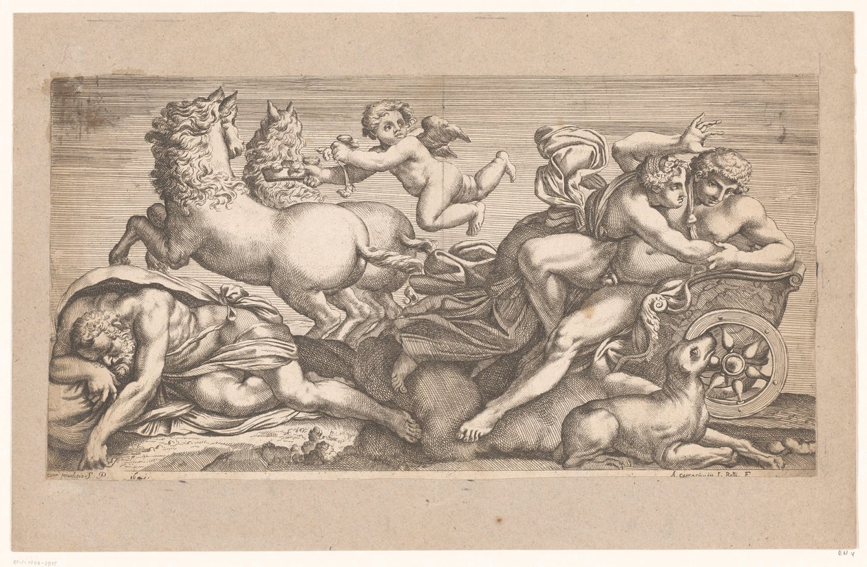 Cephalus door Aurora meegenomen in haar strijdwagen door Jacques Belly