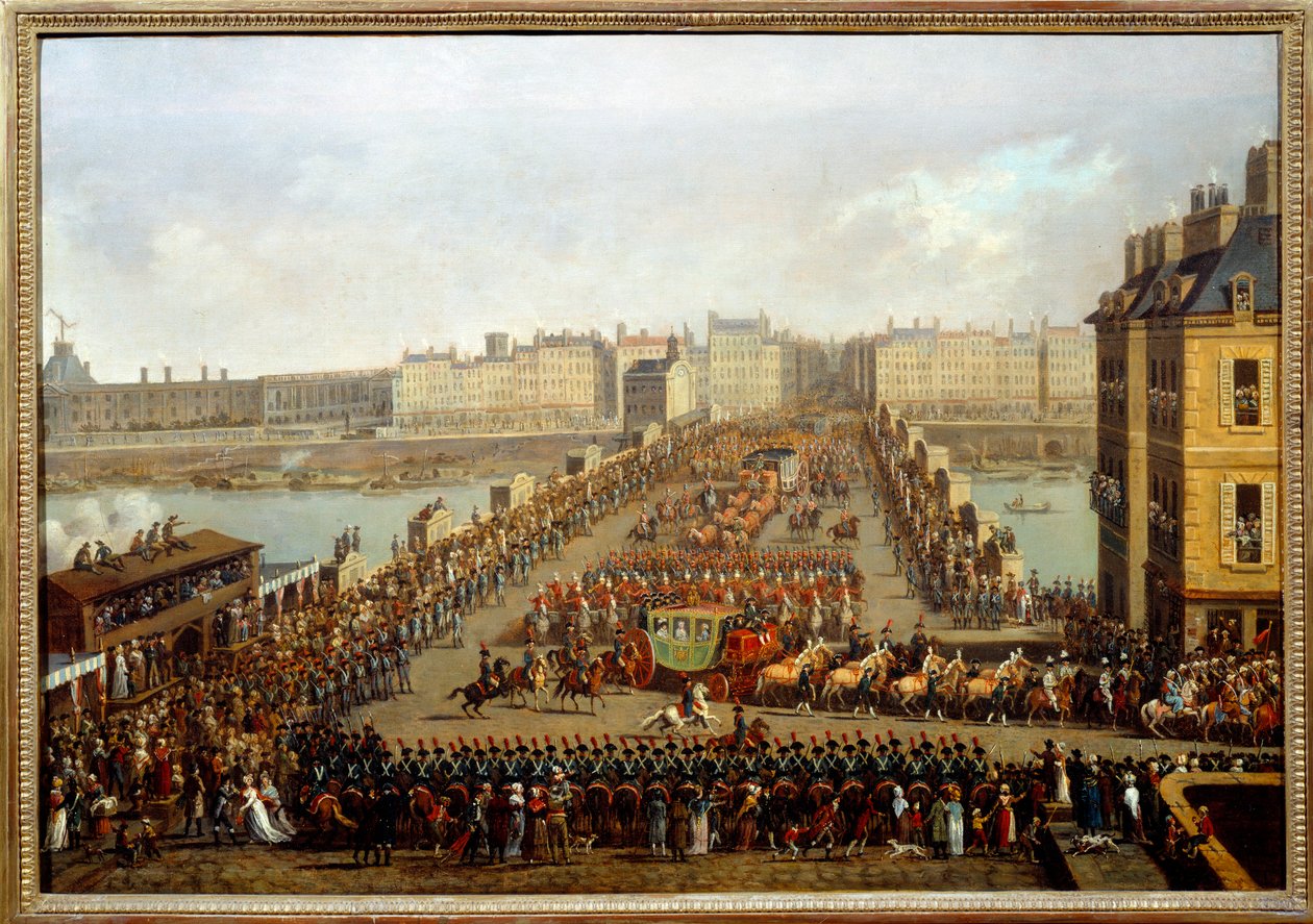Oversteek van de nieuwe brug door de keizerlijke stoet voor de ceremonie van de heiliging van Napoleon I op 2 december door Jacques Bertaux