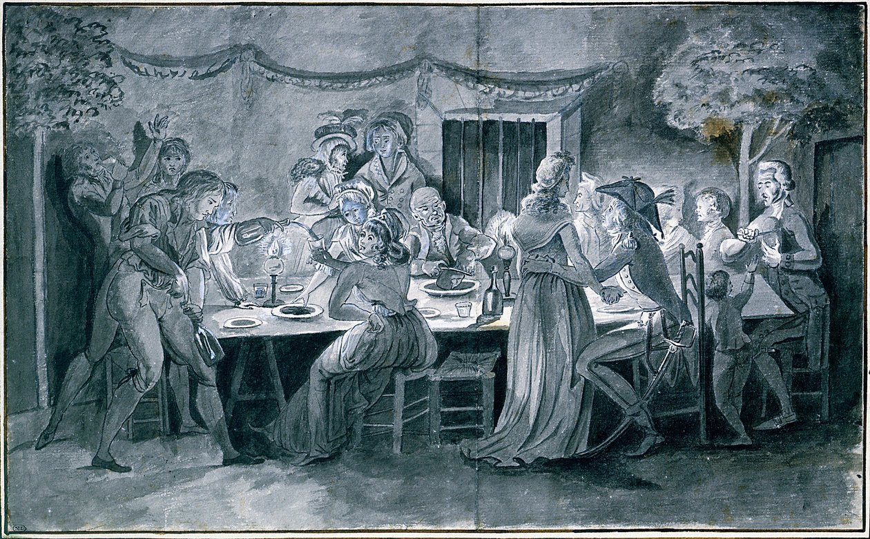 Bruiloftsmaal tijdens de Revolutie Tekening door Jacques Bertaux (1745-1818) Parijs. door Jacques Bertaux