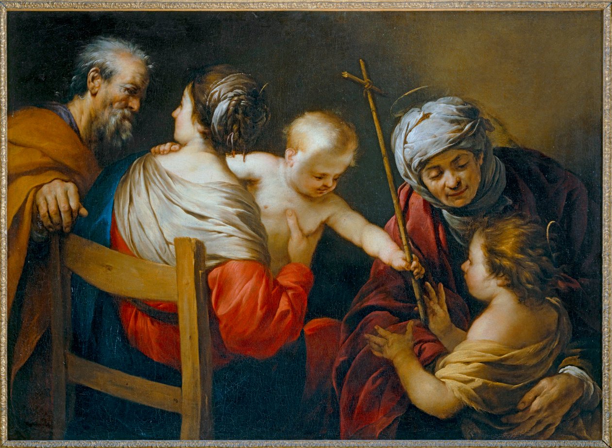De Heilige Familie met de heilige Elisabeth en de kleine Johannes de Doper aan wie het Kind Jezus een rieten kruis geeft - De Heilige Familie met de heilige Elisabeth ... door Jacques Blanchard