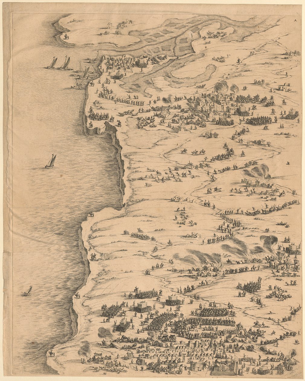 1. Paneel linksboven uit „Belegering van La Rochelle“ door Jacques Callot