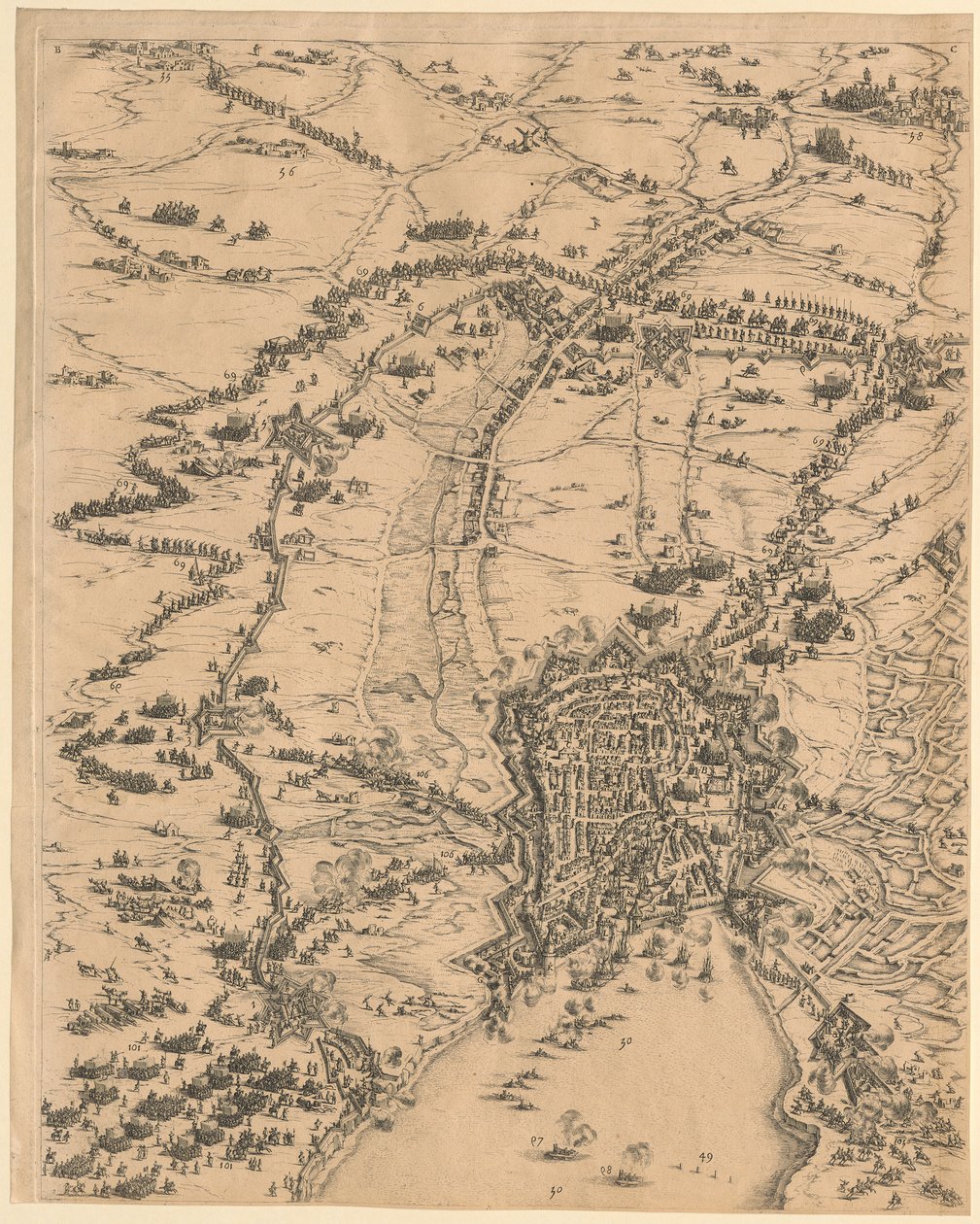 Plaat 2, boven in het midden, uit “Het beleg van La Rochelle” door Jacques Callot