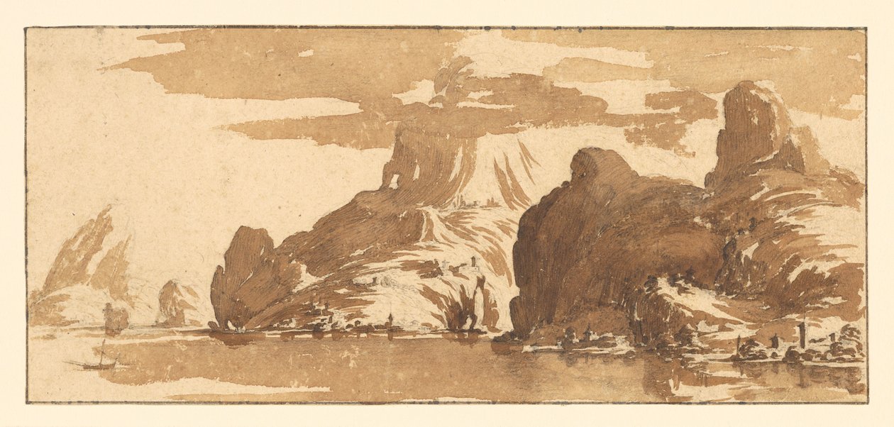 Blick auf Berge über einen See door Jacques Callot