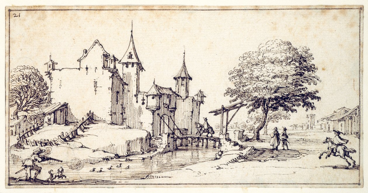 Een kasteel met ophaalbrug door Jacques Callot