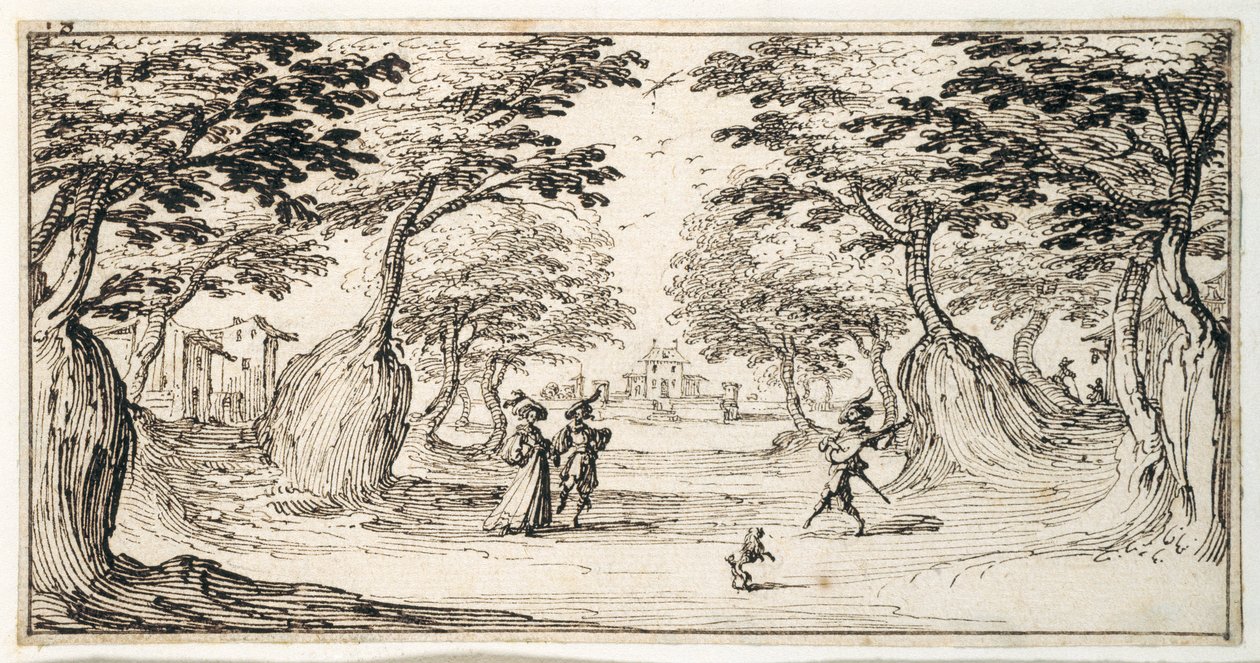 Een dame en heer dansen in het bos op een luit, een kasteel in de verte door Jacques Callot