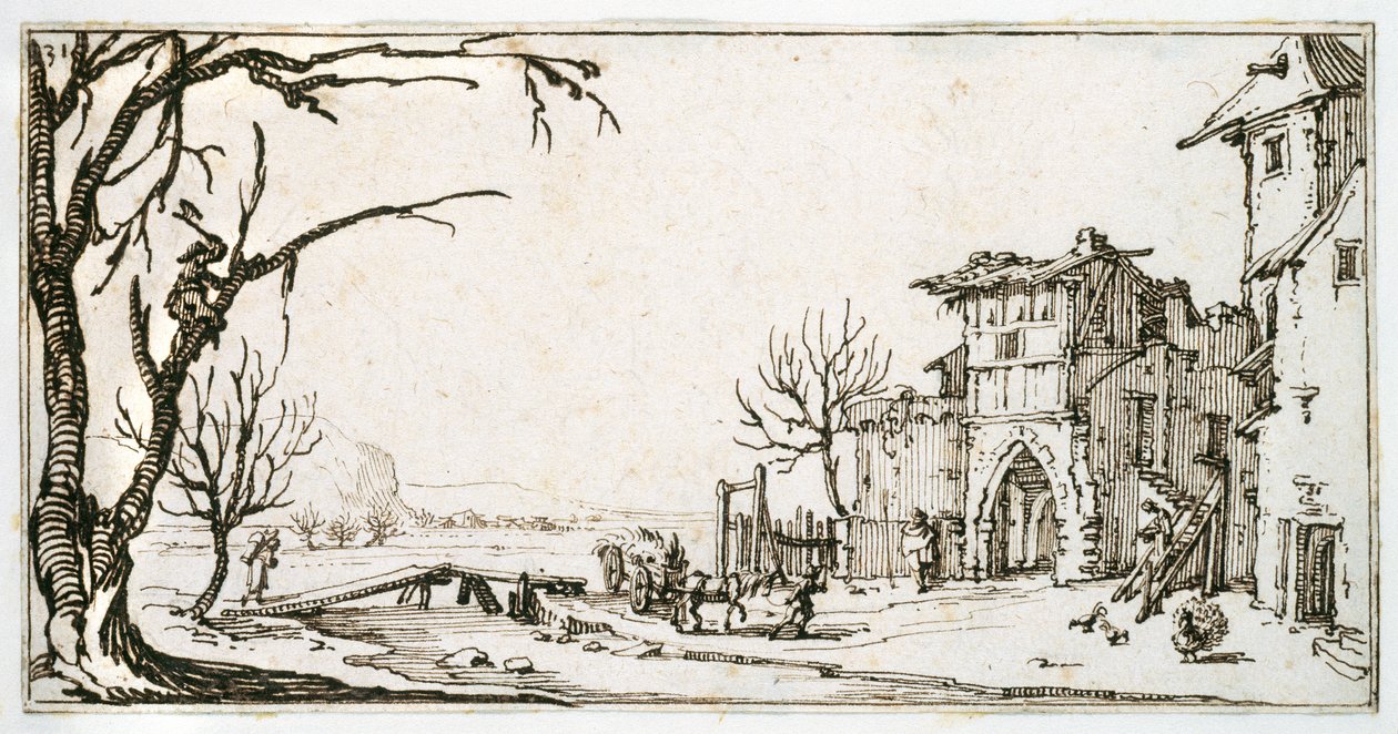 Een hooikar die naar de middeleeuwse poort van een dorp wordt gebracht, een man die een tak afkapt, uit een album van Israel Silvestre, ca. 1630 door Jacques Callot