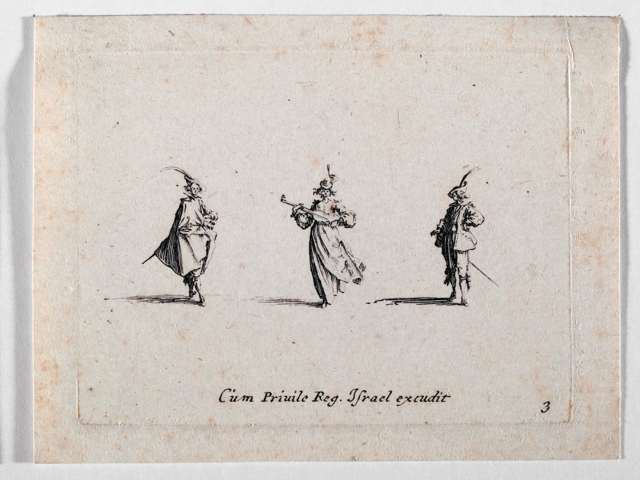 Een musicerende dame en twee cavaliers, van ... (gravure) door Jacques Callot
